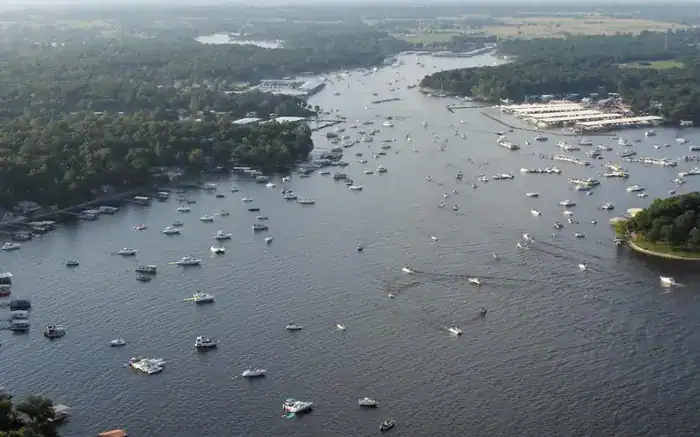 Boats on the Duck Creek section of Grand Lake Oklahoma.