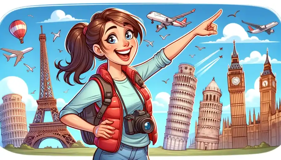 A cheerful cartoon woman with a camera gestures excitedly at various famous world landmarks, including the Eiffel Tower, Leaning Tower of Pisa,and Big Ben, under a blue sky filled with planes and a hot air balloon. This image captures the joy and excitement of exploring popular travel destinations.