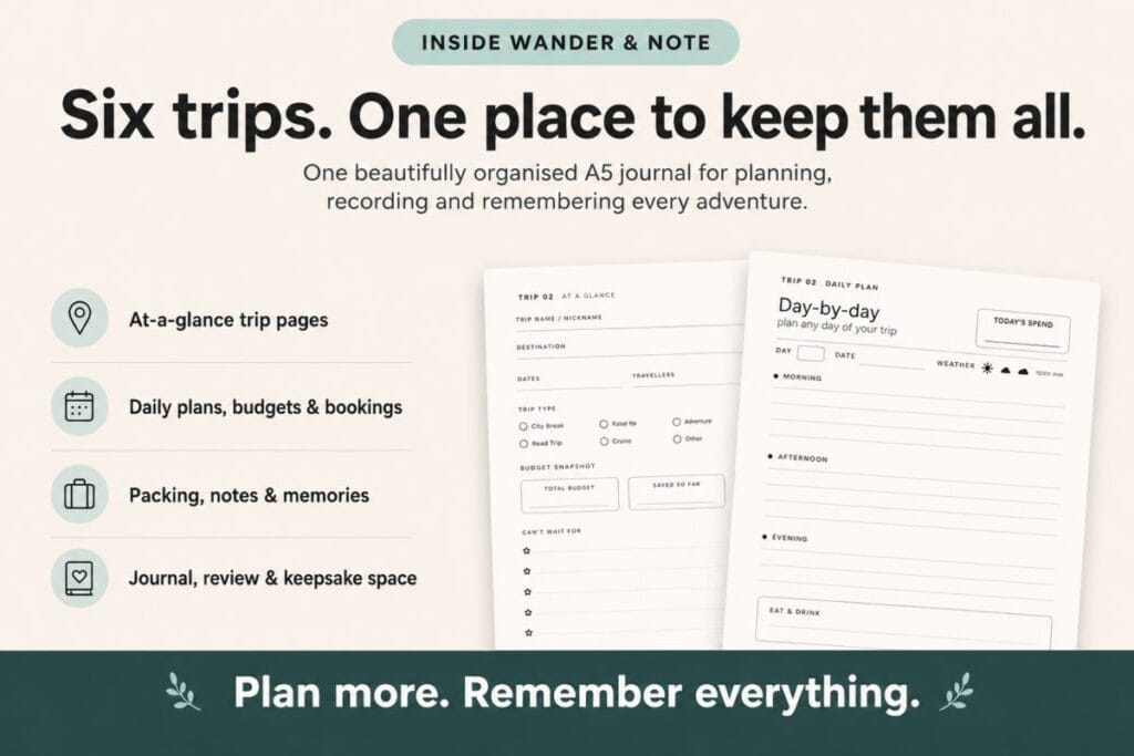 Wander & Note A5 travel journal interior showing trip planning pages, daily plans, budget notes and keepsake space.