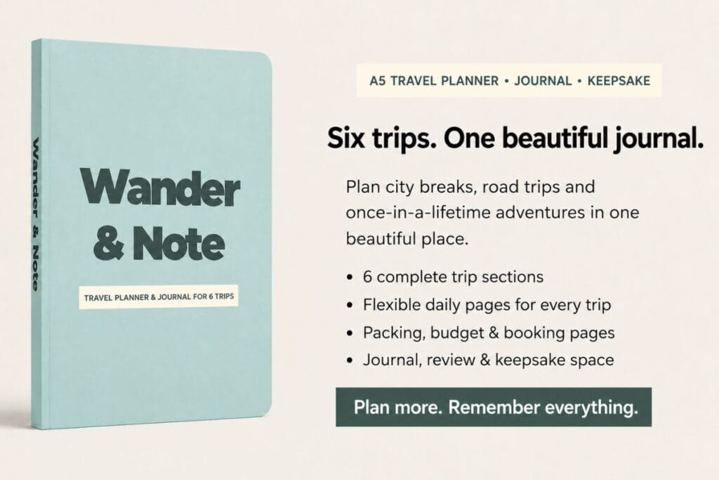 Wander & Note A5 travel journal showing six trip sections, daily pages, packing, budget and keepsake space.