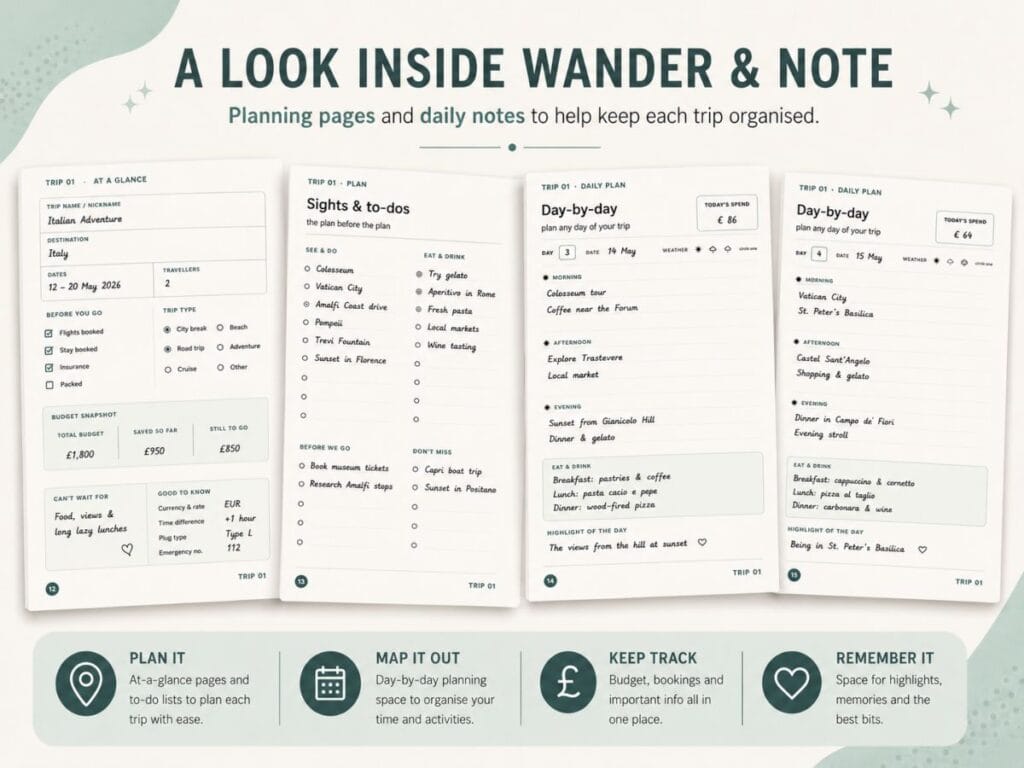 Wander & Note A5 travel journal interior pages showing trip planning, daily notes, budget tracking and memory sections.