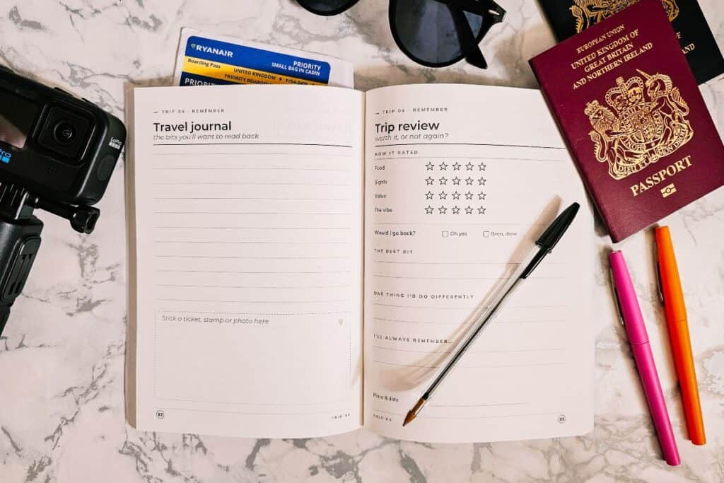 Wander & Note travel journal open on travel journal and trip review pages with passport, boarding pass, camera and pens