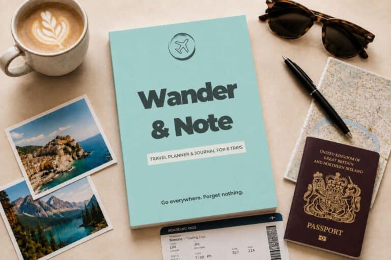 Wander & Note A5 travel journal flat lay with passport, boarding pass, map, coffee and travel photos.