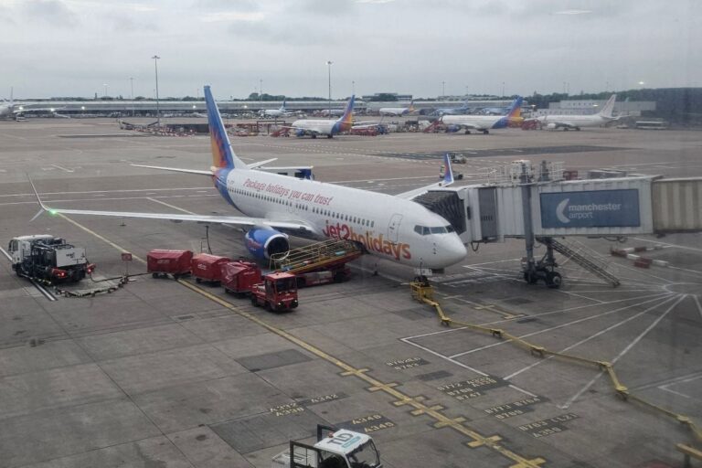 Jet2 plane at Manchester Airport for an extreme day trip abroad.