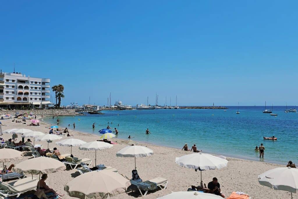 Santa Eulalia beach in Ibiza as an extreme day trip destination from Manchester.